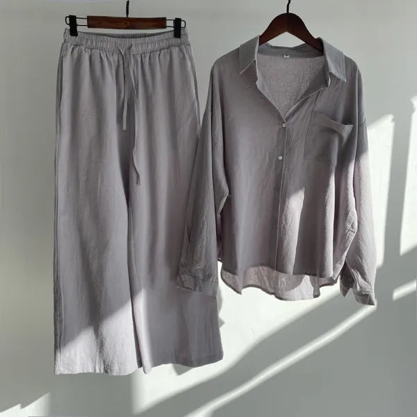 Floriana gray linen shirt and wide leg trousers set displayed on hangers
