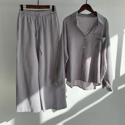 Floriana gray linen shirt and wide leg trousers set displayed on hangers