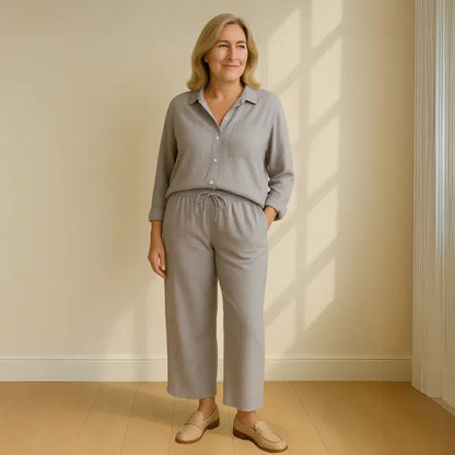 Floriana women's linen wide leg outfit set in gray, front view on model