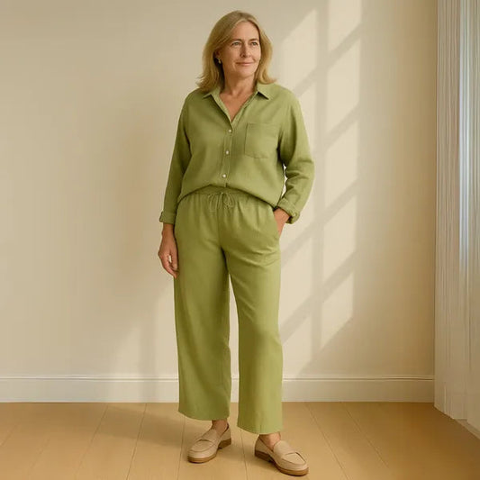 Floriana women's linen wide leg outfit set in green, front view on model
