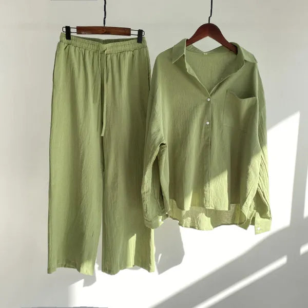 Floriana green linen shirt and wide leg trousers set displayed on hangers