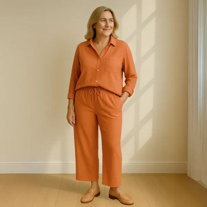 Floriana women's linen wide leg outfit set in orange, front view on model