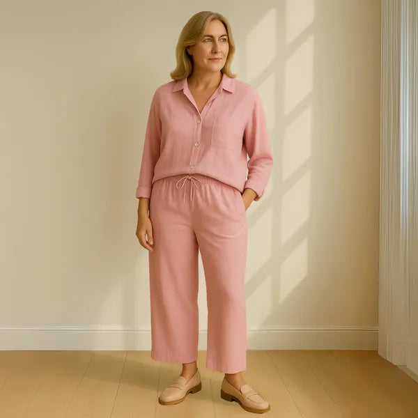 Floriana women's linen wide leg outfit set in pink, front view on model