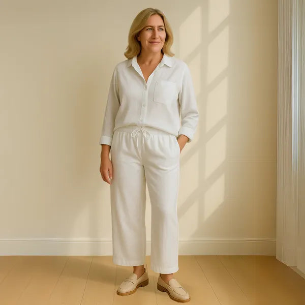 Floriana women's linen wide leg outfit set in white, front view on model
