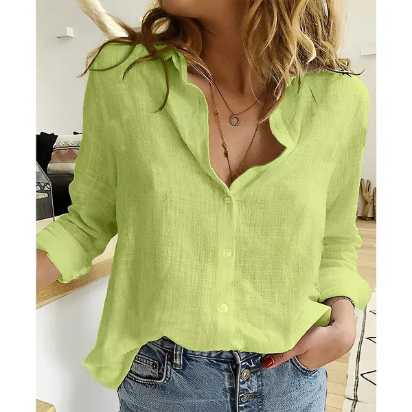 Women's Long Sleeve Button Down Blouse in Green, front view on model – Ksenia