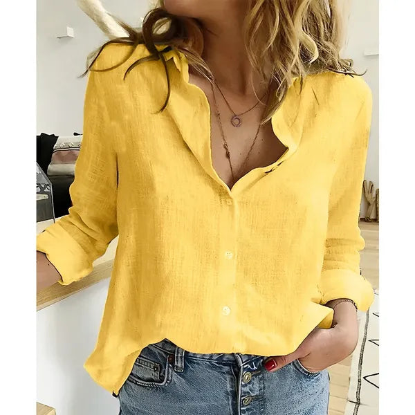 Women's Long Sleeve Button Down Blouse in Yellow, front view with blue denim – Ksenia