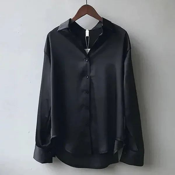 Women's Long Sleeve Collared Blouse in Black satin, hanger view of the front – Nives