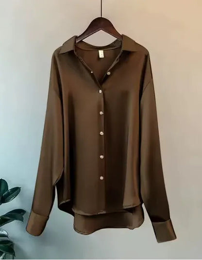 Women's Long Sleeve Collared Blouse in Brown satin, hanger view of the blouse – Nives