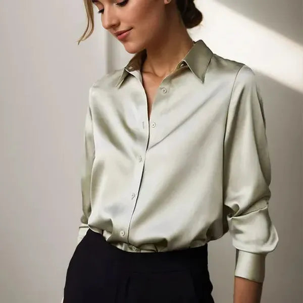 Women's Long Sleeve Collared Blouse in sage Green satin, front view on model – Nives