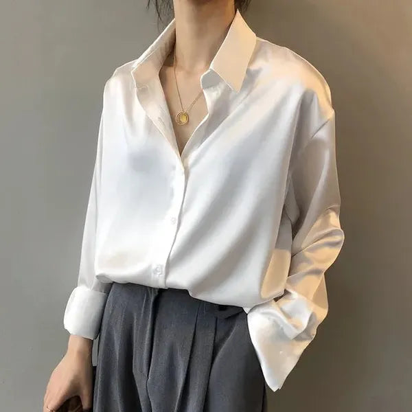 Women's Long Sleeve Collared Blouse in White satin, front view with trousers – Nives