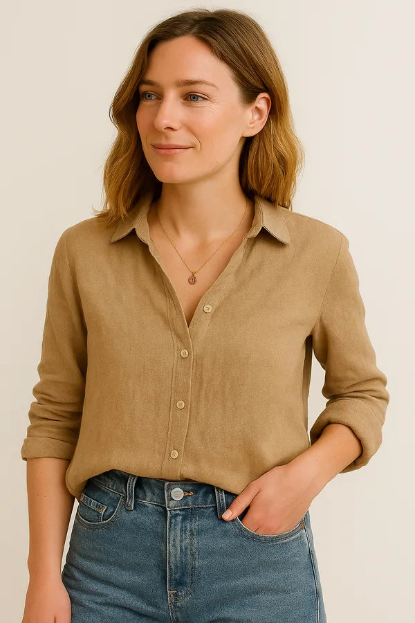 Eliska women's linen blouse in light brown, buttoned front view with denim jeans