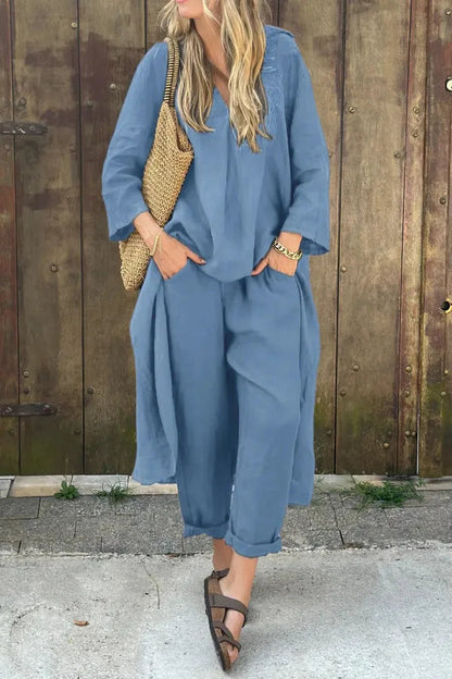 Fabiana women's long sleeve two-piece linen set in light blue, front view