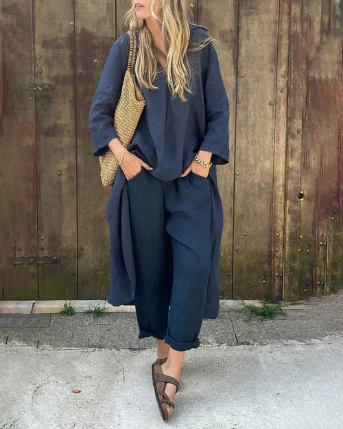 Fabiana women's long sleeve two-piece linen set in navy blue, front view