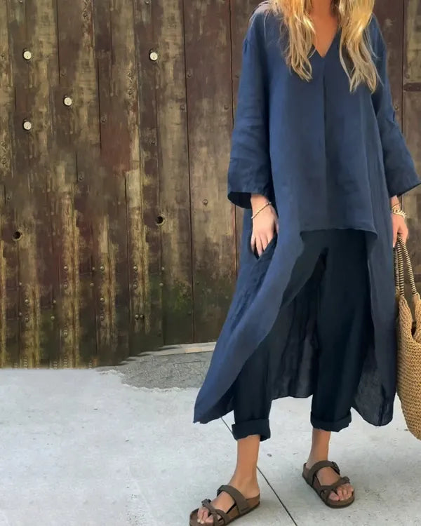 Fabiana navy blue set, close front view of high-low tunic top and trousers