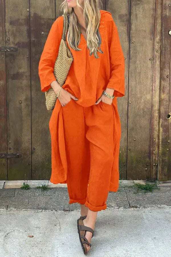 Fabiana women's long sleeve two-piece linen set in orange, front view