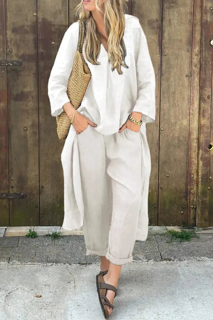 Fabiana women's long sleeve two-piece linen set in white, front view