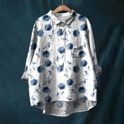 Women's Long Sleeve Floral Print Button Down Blouse in Blue floral, hanger view – Amalina