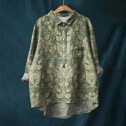 Women's Long Sleeve Floral Print Button Down Blouse in Dark Green, hanger view – Amalina