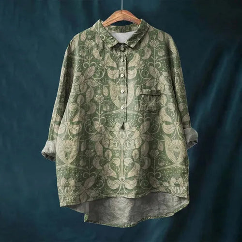 Women's Long Sleeve Floral Print Button Down Blouse in Dark Green, hanger view – Amalina
