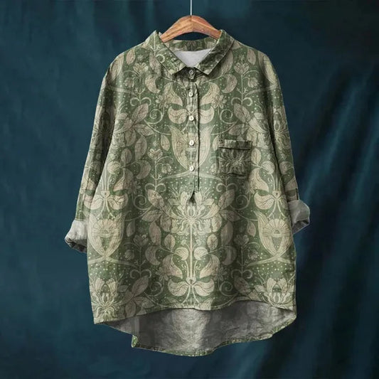 Women's Long Sleeve Floral Print Button Down Blouse in Dark Green, hanger view – Amalina
