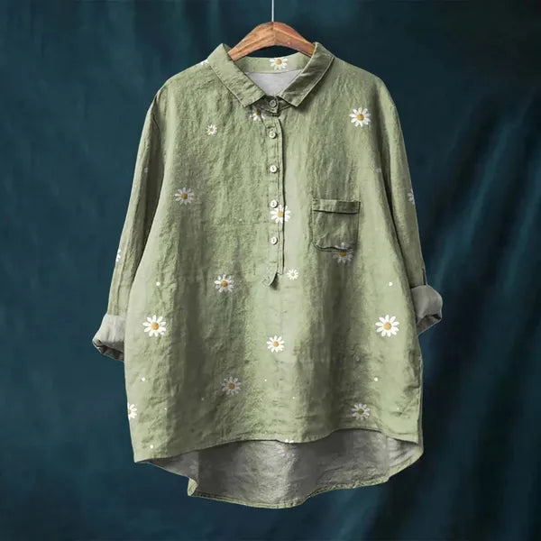 Women's Long Sleeve Floral Print Button Down Blouse in Green daisy print, hanger – Amalina