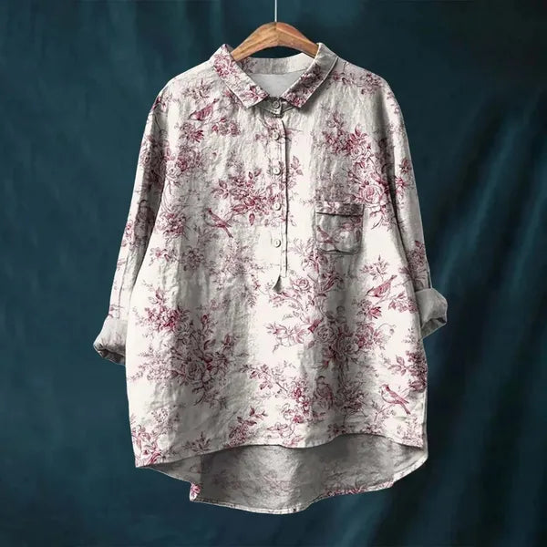 Women's Long Sleeve Floral Print Button Down Blouse in Pink toile print, hanger – Amalina