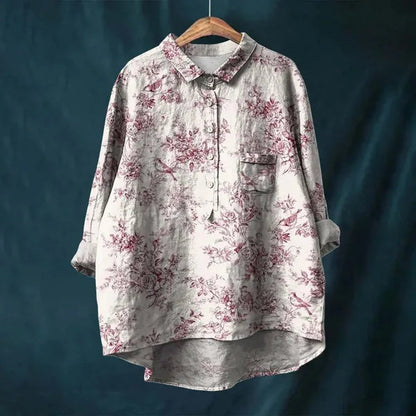 Women's Long Sleeve Floral Print Button Down Blouse in Pink toile print, hanger – Amalina