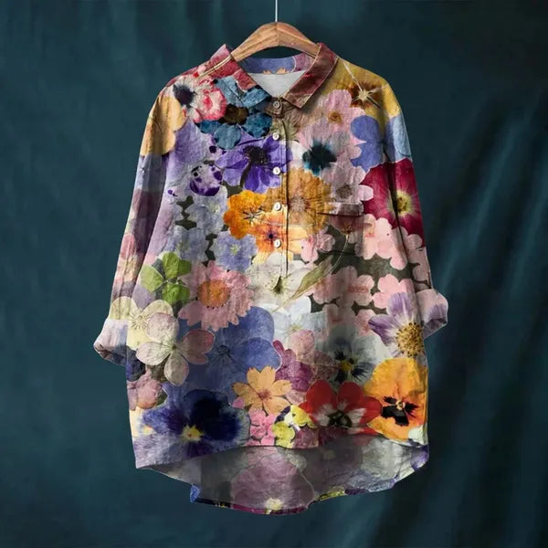 Women's Long Sleeve Floral Print Button Down Blouse in Purple pansy print – Amalina