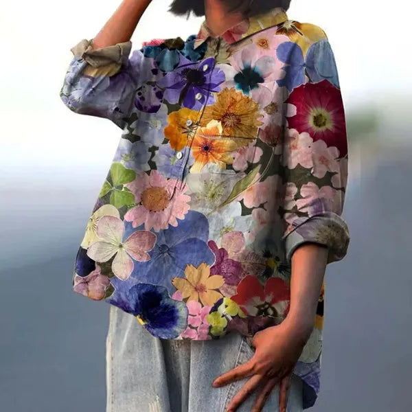 Women's Long Sleeve Floral Print Button Down Blouse in Purple, front view on model – Amalina