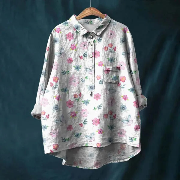 Women's Long Sleeve Floral Print Button Down Blouse in White floral, hanger view – Amalina
