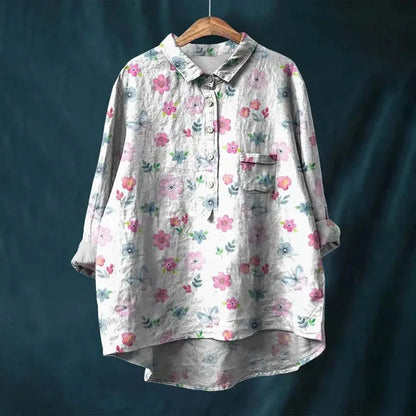 Women's Long Sleeve Floral Print Button Down Blouse in White floral, hanger view – Amalina