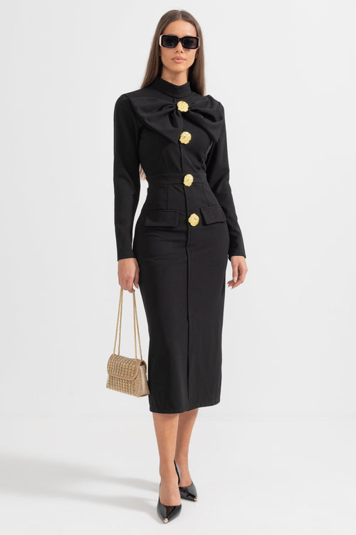 Mireille women's long sleeve high neck midi dress in black, full front view