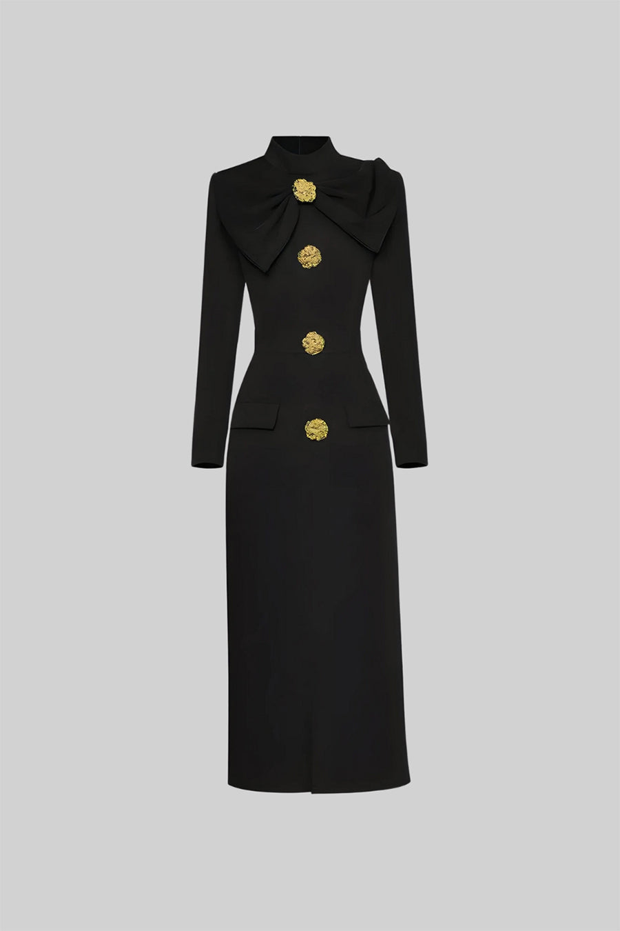Front flatlay of the black Mireille long sleeve high neck midi dress