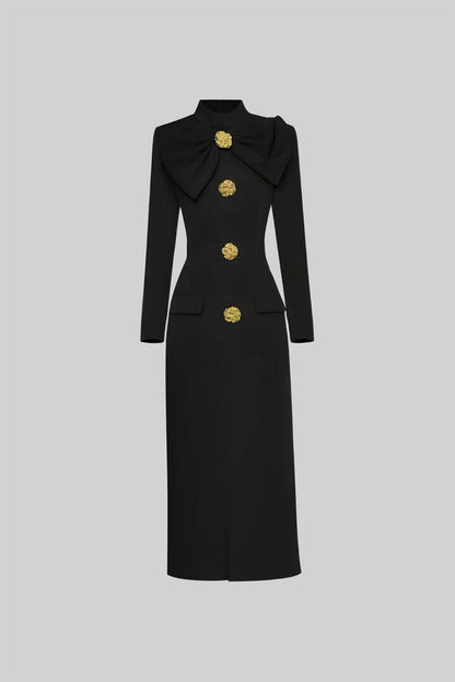 Front flatlay of the black Mireille long sleeve high neck midi dress