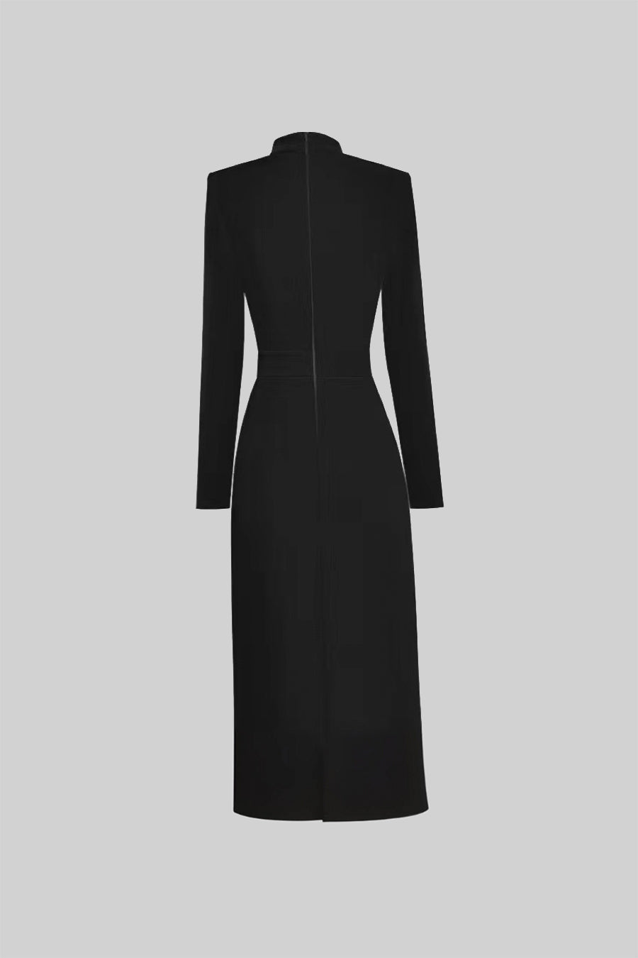 Back flatlay of the black Mireille long sleeve high neck midi dress