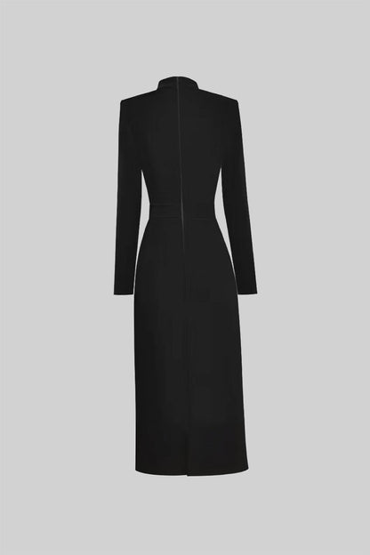 Back flatlay of the black Mireille long sleeve high neck midi dress