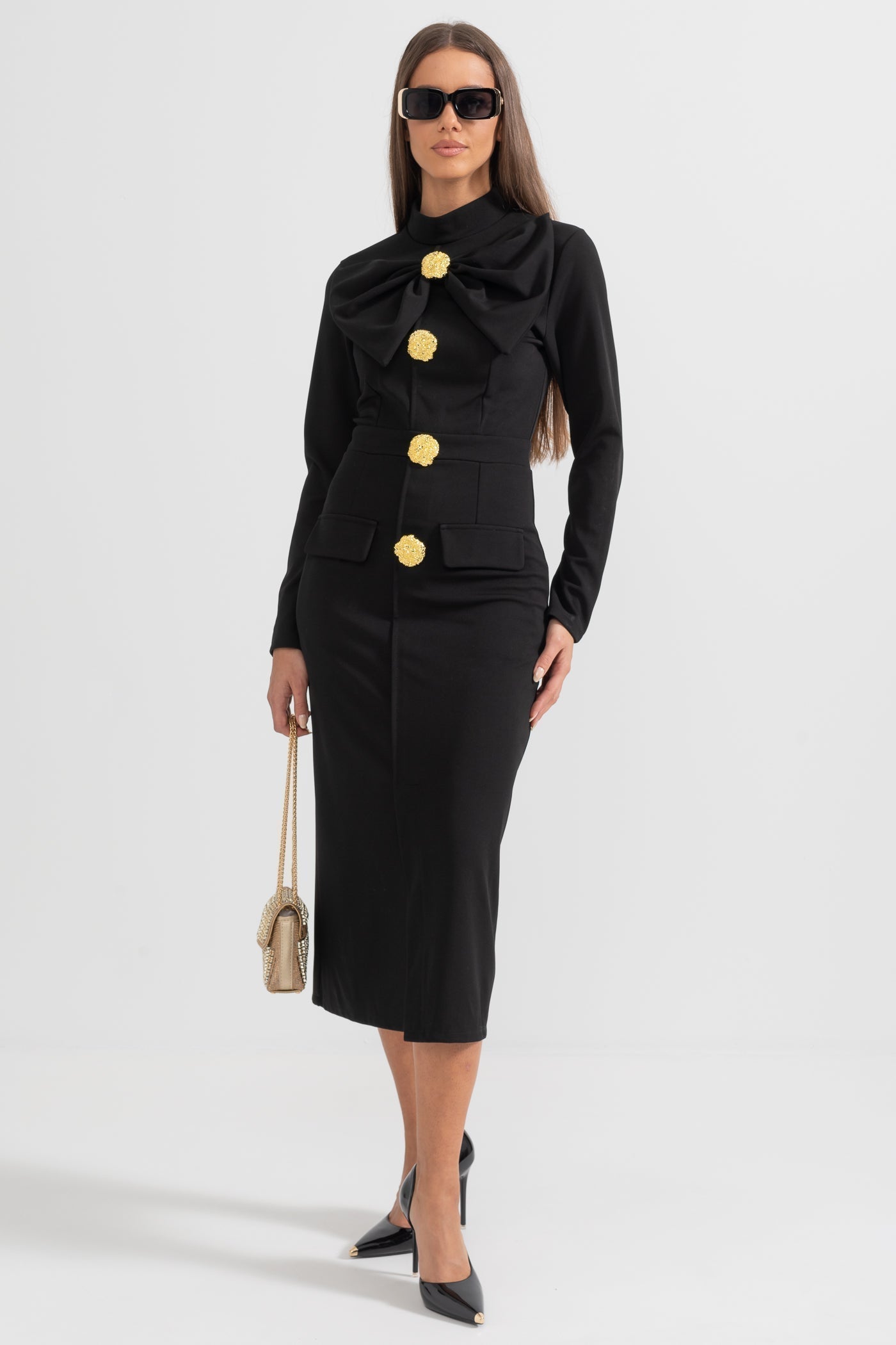 Mireille black long sleeve high neck midi dress with pencil skirt, front