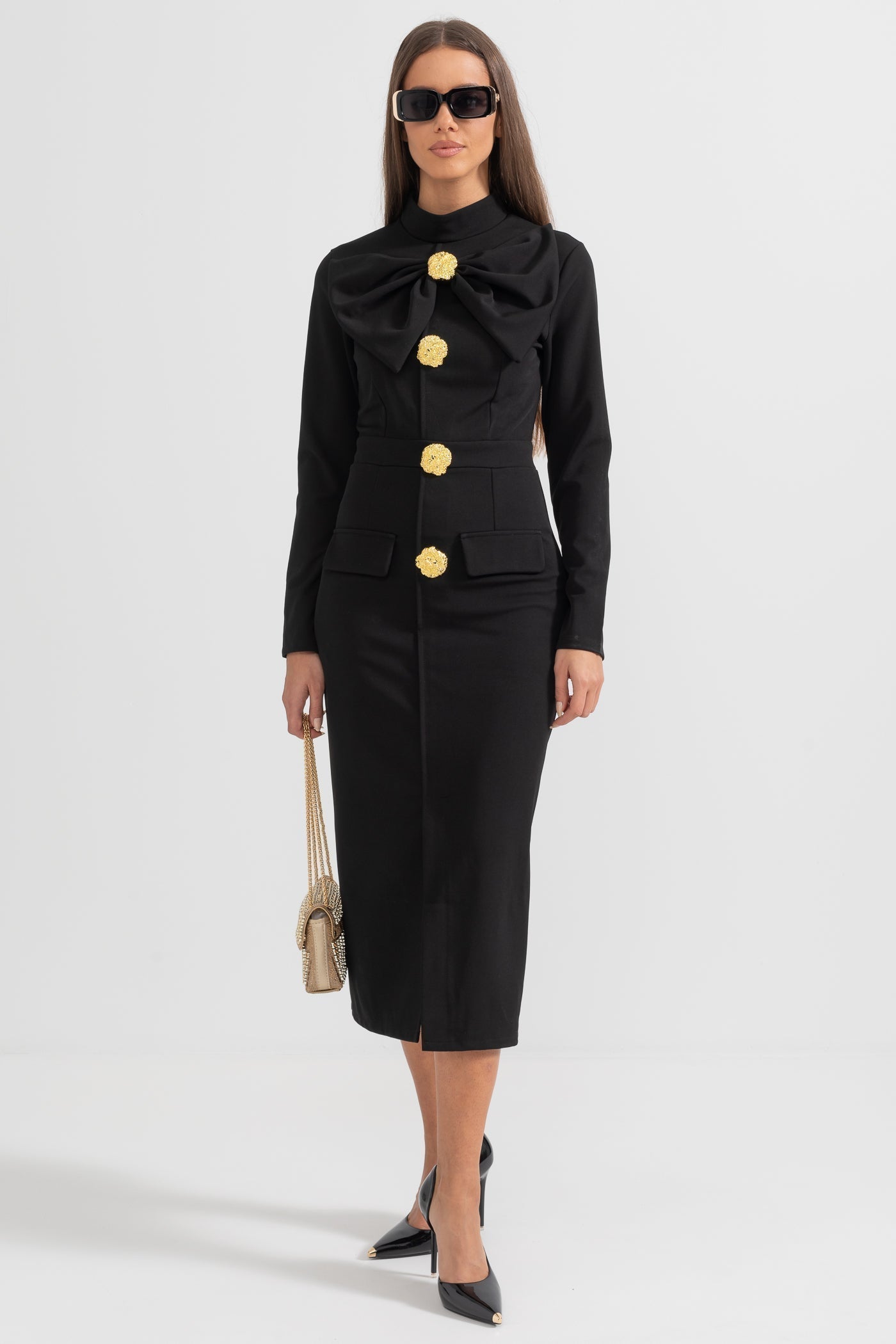 Mireille black high neck midi dress with structured waist, full front view