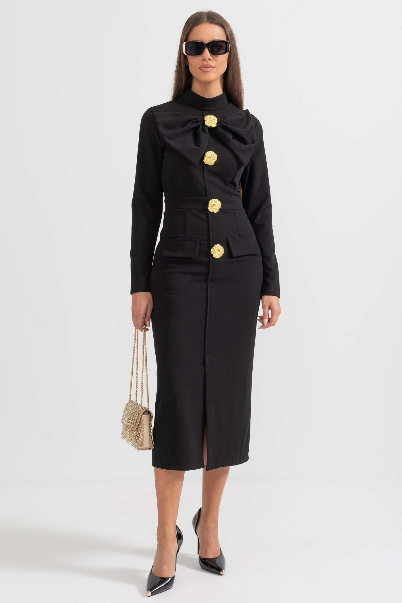 Black Mireille long sleeve midi dress with front slit skirt, front view
