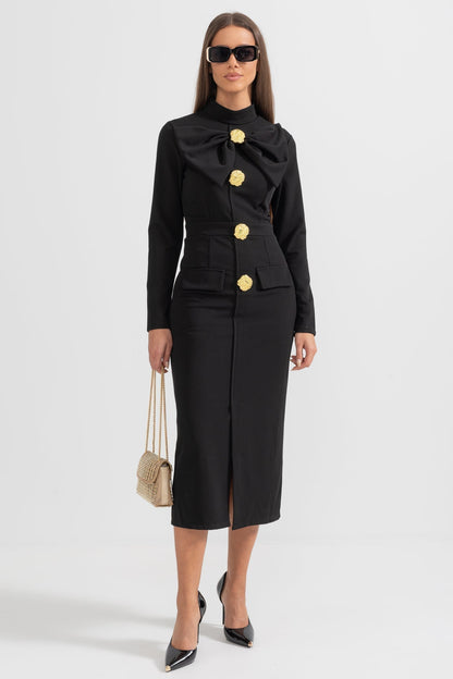 Black Mireille long sleeve midi dress with front slit skirt, front view