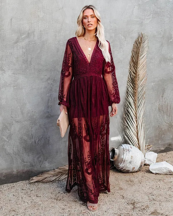 Burgundy Damira long sleeve lace maxi dress, front view with balloon lace sleeves