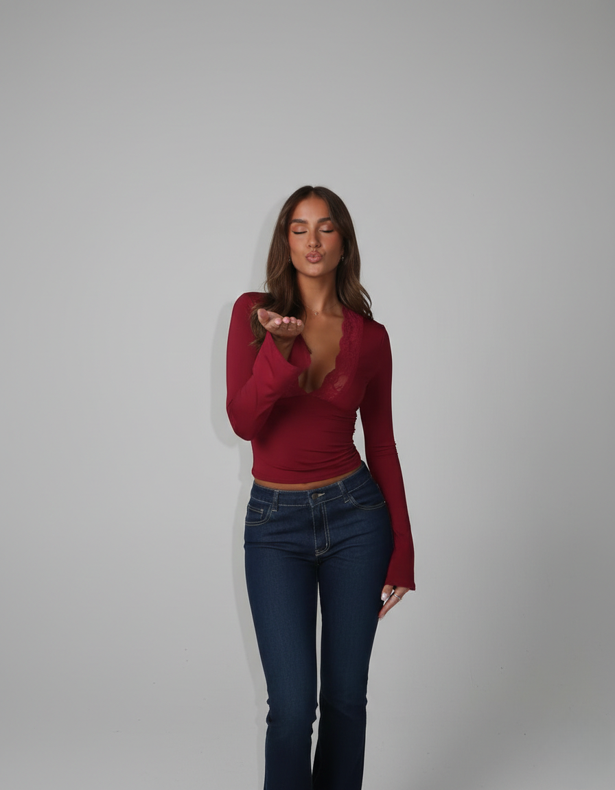 Arantxa Women's Long Sleeve Lace Trim V Neck Top in burgundy, studio full-length front view