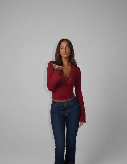 Arantxa Women's Long Sleeve Lace Trim V Neck Top in burgundy, studio full-length front view