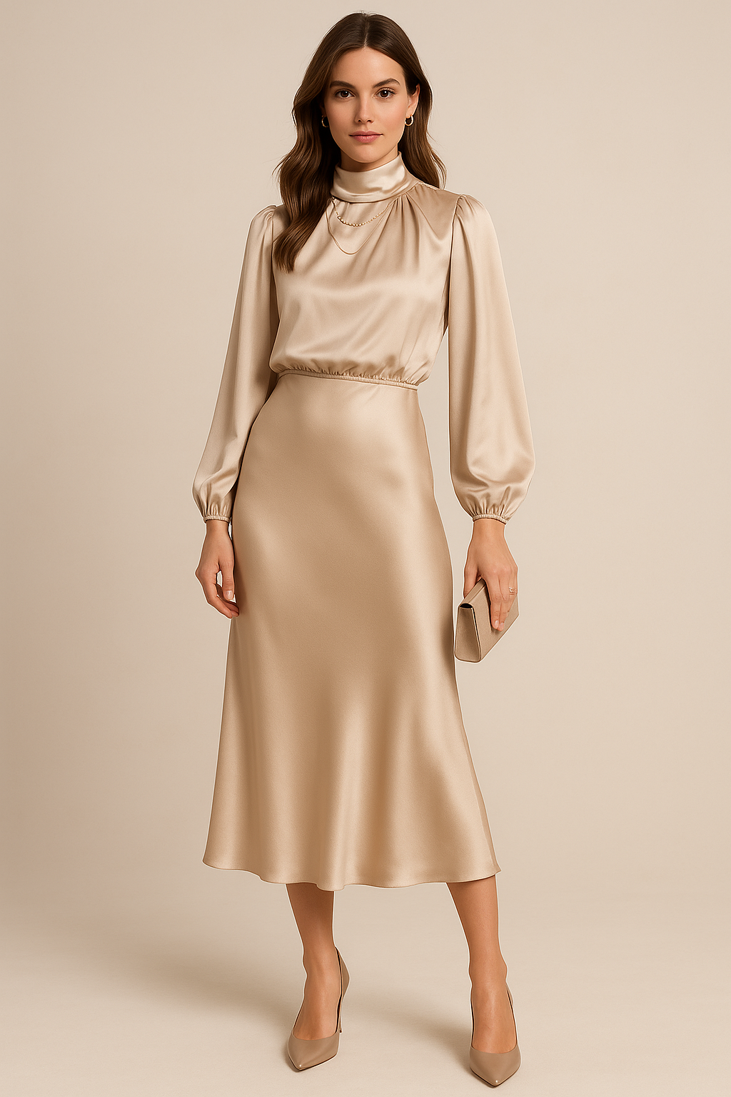 Beige Women's Long Sleeve Midi Dress - Ash, satin high-neck bodice, front view on model