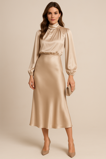 Beige Women's Long Sleeve Midi Dress - Ash, satin high-neck bodice, front view on model