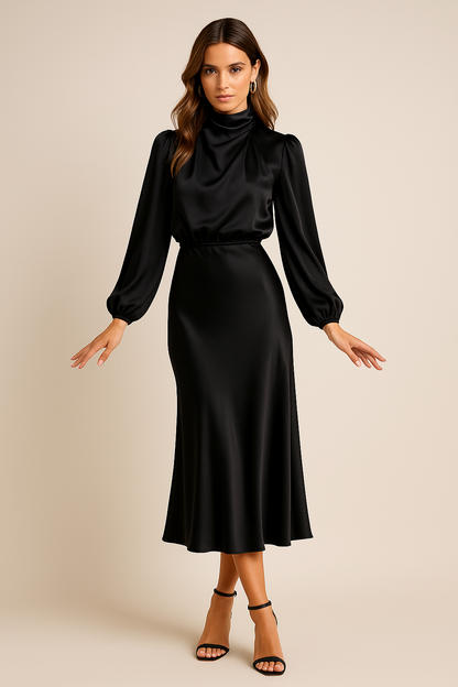 Black Women's Long Sleeve Midi Dress - Ash, satin high-neck bodice, front view on model