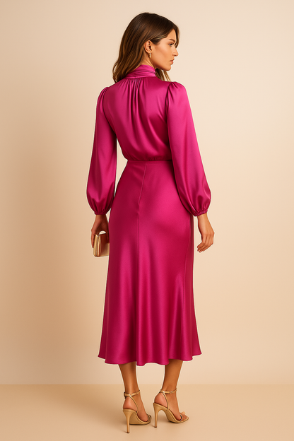 Hot Pink Women's Long Sleeve Midi Dress - Ash, back view showing draped satin bodice