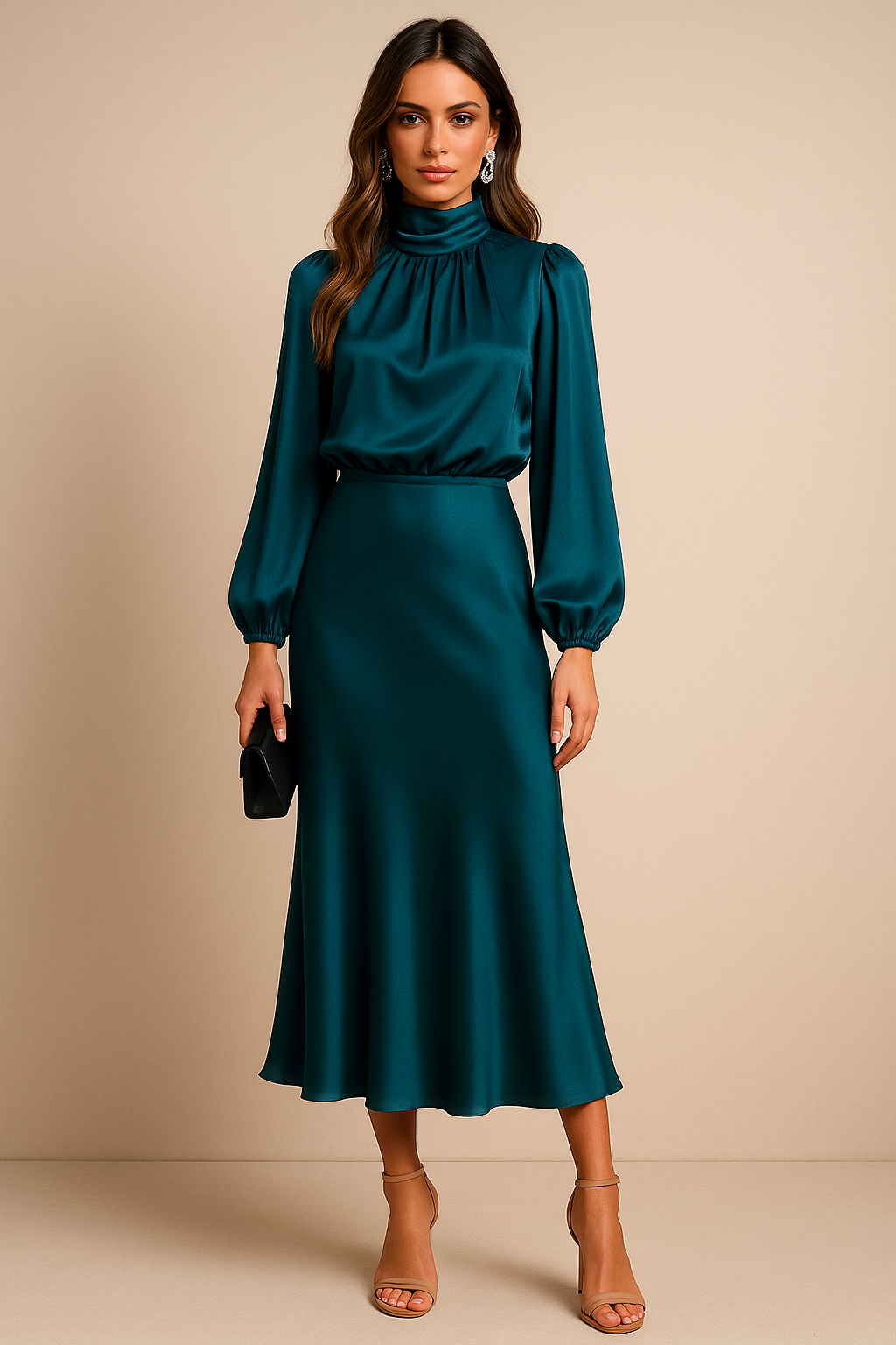 Teal Blue Women's Long Sleeve Midi Dress - Ash, satin high neck, front view on model