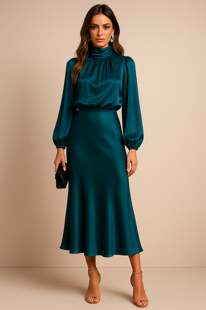 Teal Blue Women's Long Sleeve Midi Dress - Ash, satin high neck, front view on model