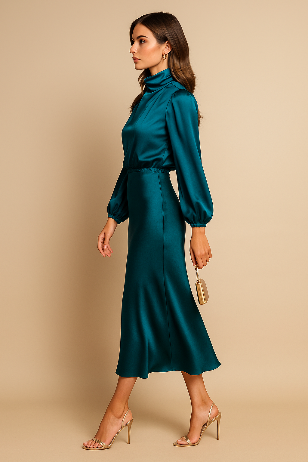 Teal Blue Women's Long Sleeve Midi Dress - Ash seen from the side, bias-cut satin skirt
